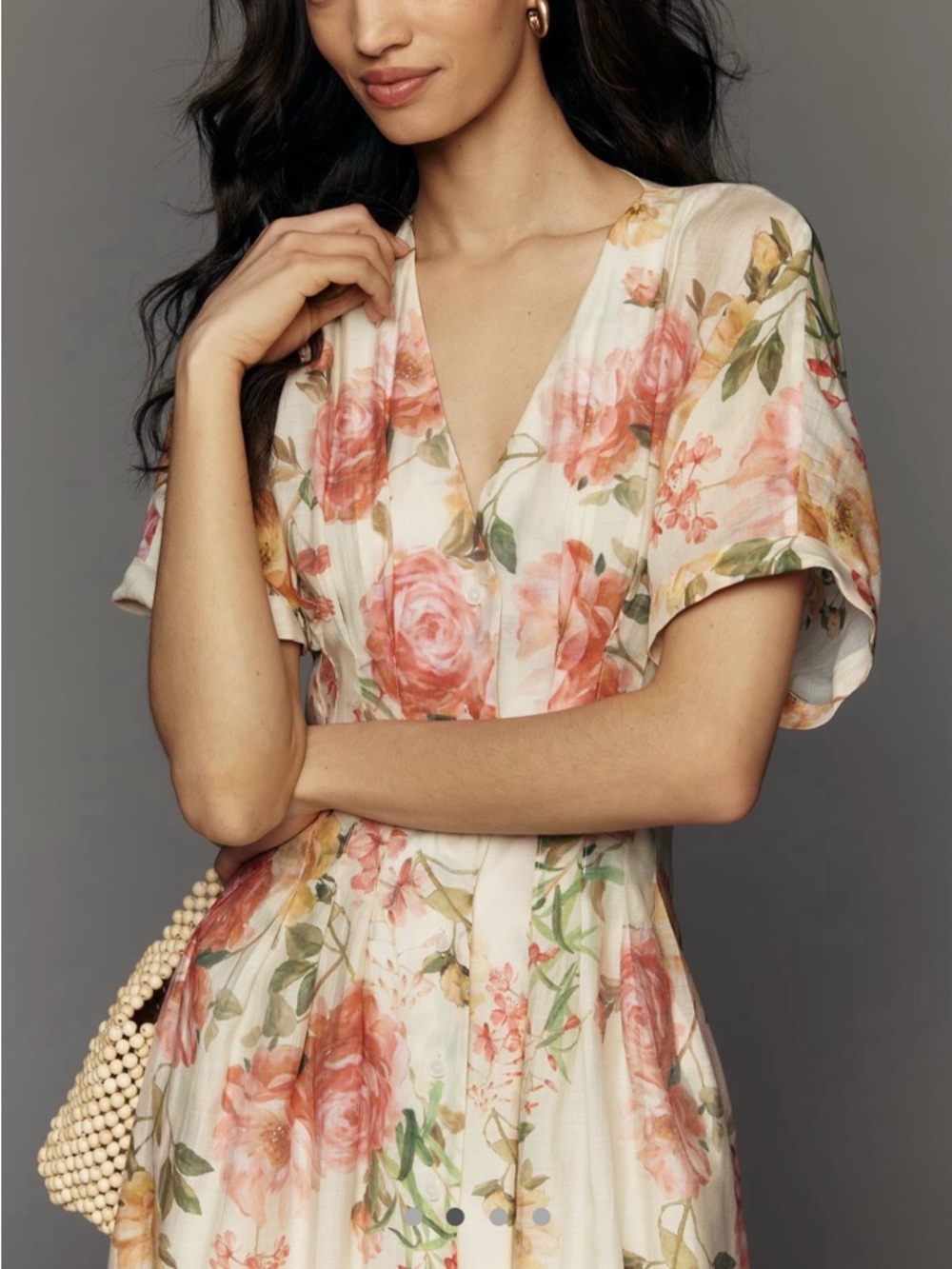 Floral V-Neck Button Front Midi Dress - Cream with Pink Roses - Picture 2 of 10